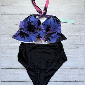 Dressfo Purple and Black Palm Print Halter Bikini Set Size XL